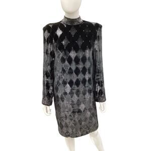 Vintage Dress Women’s SZ S/M Long Sleeve Beaded Neckline And Cuffs Shimmer Black